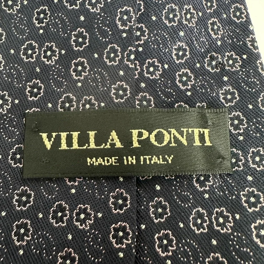 Vtg Villa Ponti Mens Silk Tie Navy Blue‎ OS Floral Geometric Old Money Academia
